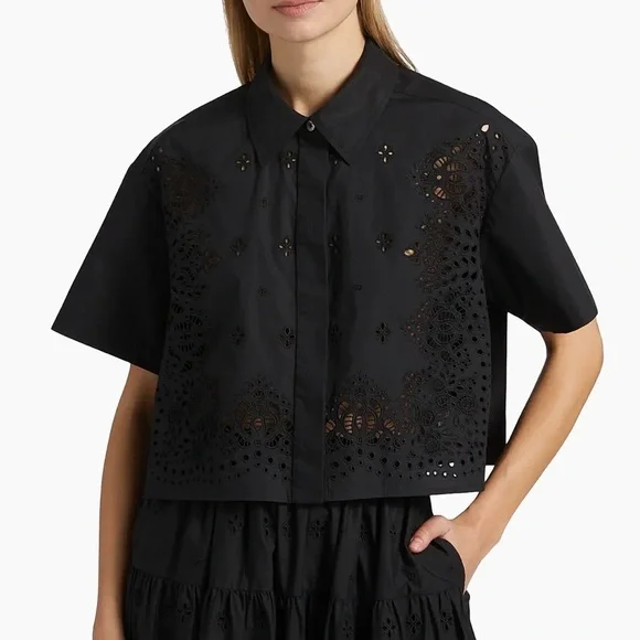 A.L.C Jade Black Cotton Eyelet Embroidered Short Sleeves Blouse Top size L - Picture 1 of 14